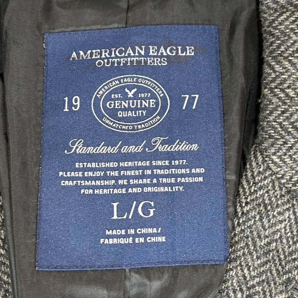 American Eagle Mens Herringbone‎ Blazer Jacket Gray Wool Blend L Dark Academia